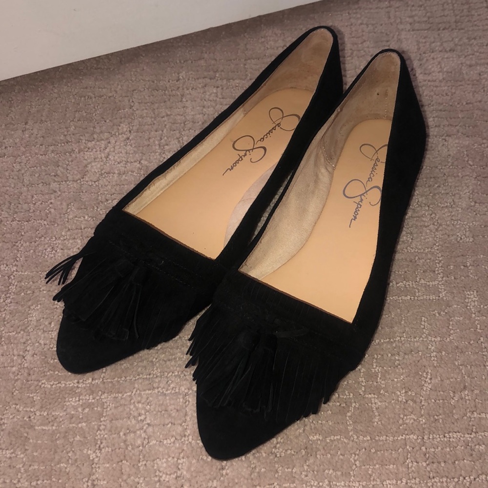 Never worn Jessica Simpson black suede tassel flat